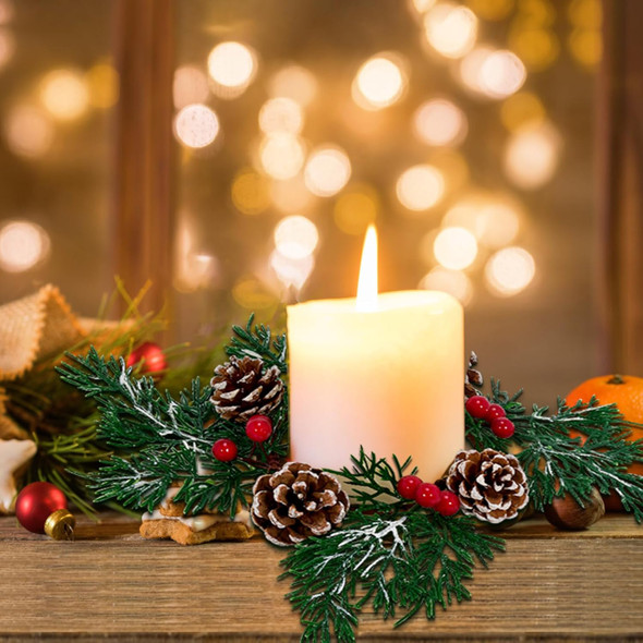 GENMOUS 8 Pcs Christmas Candle Rings Mini Wreaths, Snowy Pine Candle Garlands with Artificial Red Berries Pinecones,Christmas Centerpieces for Tables,Pillar Candle Rings Wreaths for Winter Home Decor