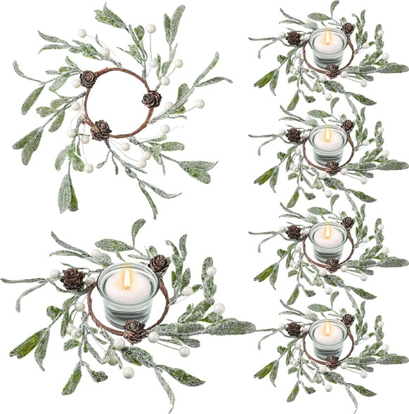 6 Pieces Christmas Pillar Candle Rings Frosted Mistletoe Wreaths with Pearl Accents Artificial Wreath Holiday Candle Rings for Holiday Parties and Home Decor