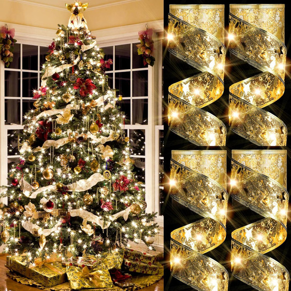 4 Pcs 65.62 ft Christmas Ribbon Fairy Lights Gold Christmas Lights Lighted Ribbon Garland for Christmas Tree Gold Garland Christmas Decorations Indoor Outdoor Party Decorations, Warm White
