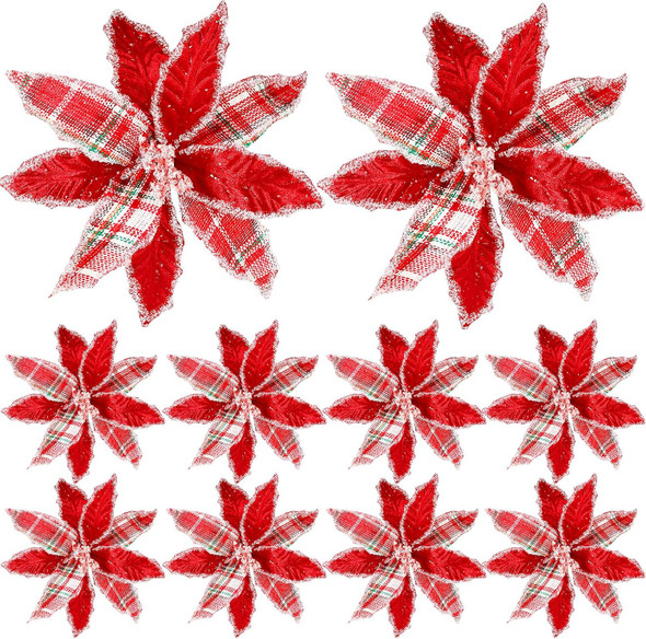 10 Pieces Christmas Buffalo Plaid Red White Green Plaid Poinsettia Flowers Christmas Tree Ornaments for Christmas Tree Wreaths Garland Holiday Decorations
