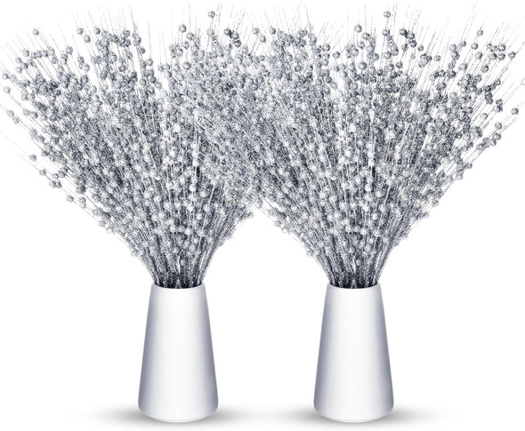 Geosar 30 Pcs Christmas Artificial Glitter Berry Stem Decorations Bead Sticks Pick 17 Inch Xmas Ornaments Glittery Twigs for Christmas Tree Halloween Wreath Vase Filler Home Decor(Silver)