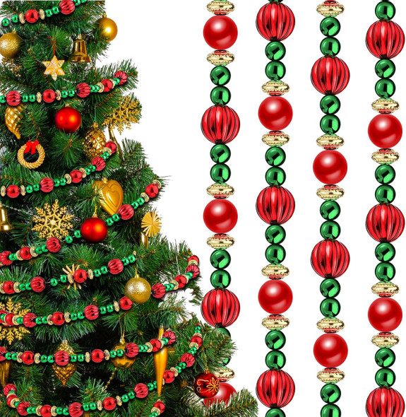 Geosar 12 Pcs Christmas Tree Bead Garland 9 Feet Twisted Beads Christmas Tree Pearl Garland Red and Green Xmas Tree Bead for Christmas Party Fireplace Wreath Ornaments