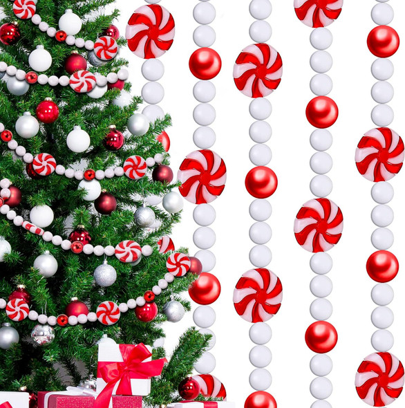 Gerrii 9 Feet Large Christmas Tree Candy Bead Garland Holiday Red and White Peppermint Decorations Christmas Plastic Garland Hanging Ornaments for Xmas Party Fireplace Home Decor(2 Pieces)
