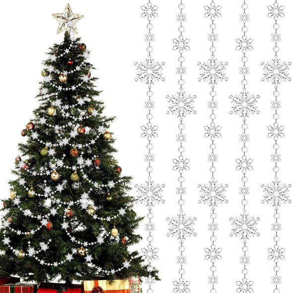 Christmas Snowflake Tree Garland Acrylic Snowflakes Hanging Garland Crystal Snow Flakes Ornaments for Tree Christmas Winter Theme Ornaments for Mantel Curtains Tree, 9.8 Ft/Each (Clear,4 Pcs)