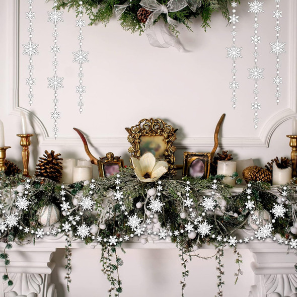 Christmas Snowflake Tree Garland Acrylic Snowflakes Hanging Garland Crystal Snow Flakes Ornaments for Tree Christmas Winter Theme Ornaments for Mantel Curtains Tree, 9.8 Ft/Each(Clear, 2 Pcs)