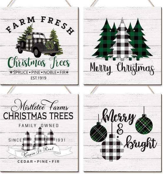 Gerrii 4 Pieces Christmas Wall Hanging Decor Merry Christmas Sign Christmas Trees Buffalo Plaid Truck Decor Wooden Farmhouse Hanging Plaque Xmas Wreath for Home Front Door Holiday Decor (Plaid Style)