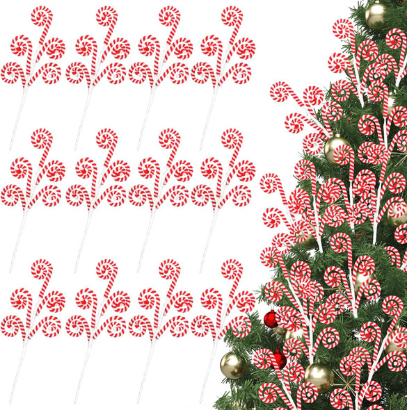 12 Pcs 16 Inch Red White Christmas Tree Picks Decoration Candy Cane Woolen Curly Pick Lollipop Large for Xmas Tree Topper Decor Home Vase Filler Craft Wreath Holiday Party Ornament Garland