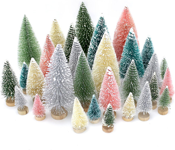 30 PCS Mini Bottle Brush Christmas Trees with Wood Base, Small Pine Tree Sisal Trees for Christmas Table Top Decor Winter Crafts Ornaments