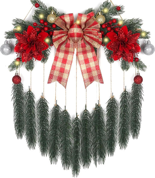 Hanging Christmas Decorations with Lights for Front Door Fireplace Artificial Christmas Greenery Greens Red Berries Bow Pine Needles Wreath Wall Decor for Home Xmas Holiday Party Indoor Porch