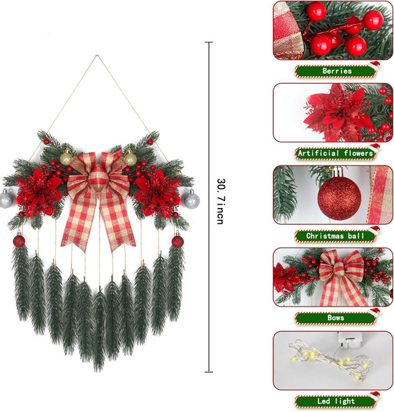Hanging Christmas Decorations with Lights for Front Door Fireplace Artificial Christmas Greenery Greens Red Berries Bow Pine Needles Wreath Wall Decor for Home Xmas Holiday Party Indoor Porch