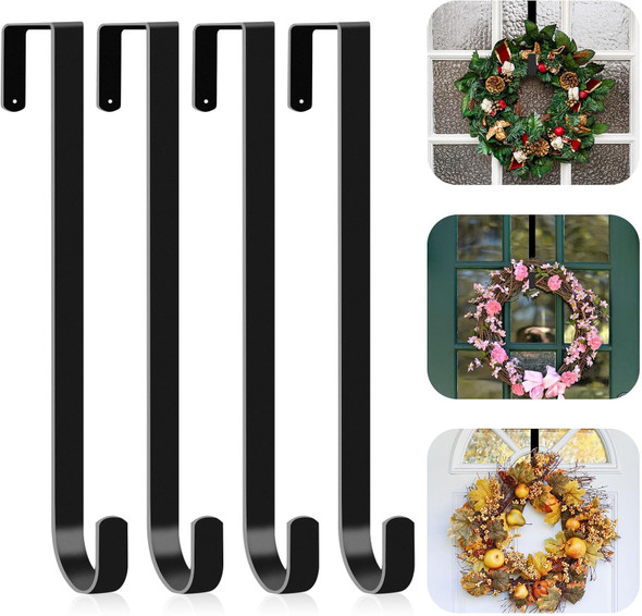 4 Pack Wreath Hanger for Front Door, 12" Wreath Door Hanger for Christmas Wreath, Over the Door Hanger Hook Metal Wreath Hook, Garland Hanger, Wreath Holder for Christmas Fall Wreath Decorations-Black