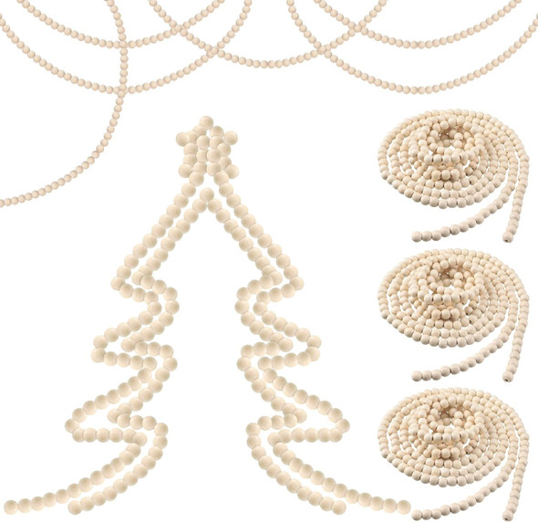 Giegxin 4 Pcs 48 Feet Christmas Wooden Bead Garland for Christmas Tree Boho Christmas Decorations Farmhouse Rustic Beaded Garland Table Wall Decor for Xmas Holiday Supply(Wood Color)