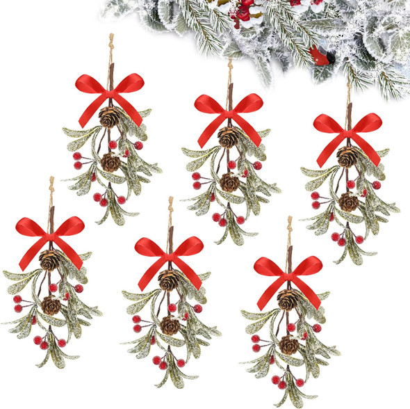 Giegxin 6 Pieces Christmas Mistletoe Decor Artificial Mistletoe Ornament with Red Bow Christmas Hanging Mistletoe Decoration Bouquet Natural Pine Cones Christmas Tree Accessories (Bright Style)