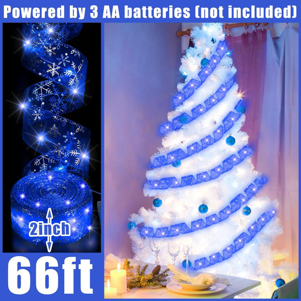 Giegxin Christmas Ribbon with Lights 2 Inch x 66ft 100 LED Christmas Tree Ribbon Decorations Battery Operated Fairy String Lights for Xmas Tree Wedding Party Garland Outdoor(Blue)