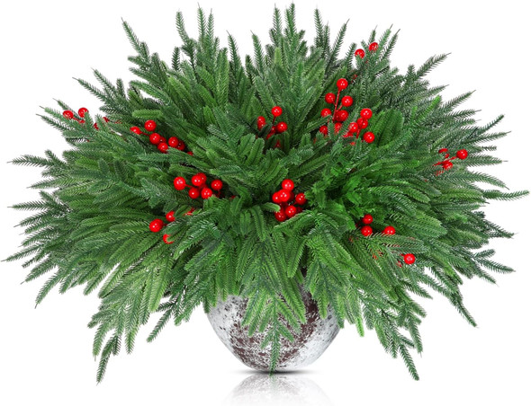 Giegxin 48 PCS Christmas Norfolk Pine Branches with Red Berry Stems 18" Artificial Norfolk Pine Stems Sprigs Artificial Christmas Branches Decorations for Xmas DIY Craft Garland Home Decor