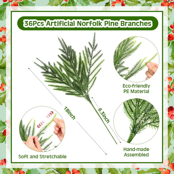 Giegxin 48 PCS Christmas Norfolk Pine Branches with Red Berry Stems 18" Artificial Norfolk Pine Stems Sprigs Artificial Christmas Branches Decorations for Xmas DIY Craft Garland Home Decor