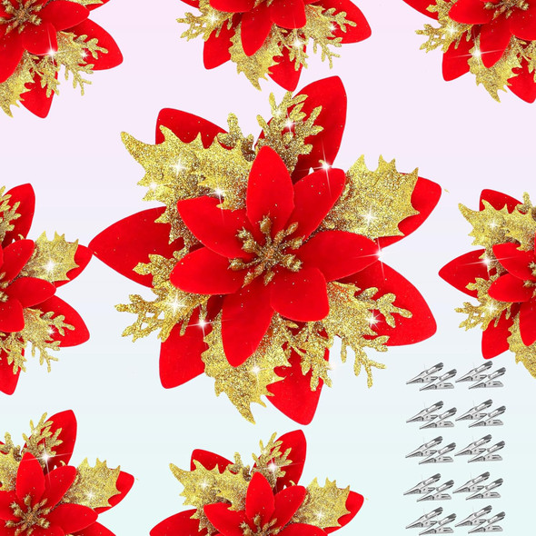 20Pcs 5.5" Poinsettias Glitter Artificial Christmas Flowers, Christmas Tree Decor Christmas Ornaments Glitter Poinsettia with Clips, Christmas Decorations for Xmas Tree Wedding Party Holiday Gold Red