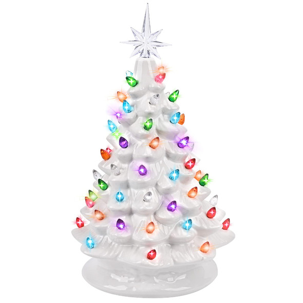 GIVERARE 15" Ceramic Christmas Tree, Pre-Lit Hand-Painted Tabletop Xmas Decor with 66 Multicolored Lights &Top Star, Vintage Retro Centerpiece for Holiday, Party Supplies Ornaments-White