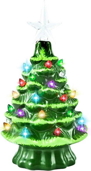 GIVERARE Ceramic Christmas Tree with 4H Timer, 8” Pre-Lit Hand-Painted Tabletop Xmas Decor with 32 Multicolored Lights & Top Star, Centerpiece for Holiday, Party, Ornaments-Green