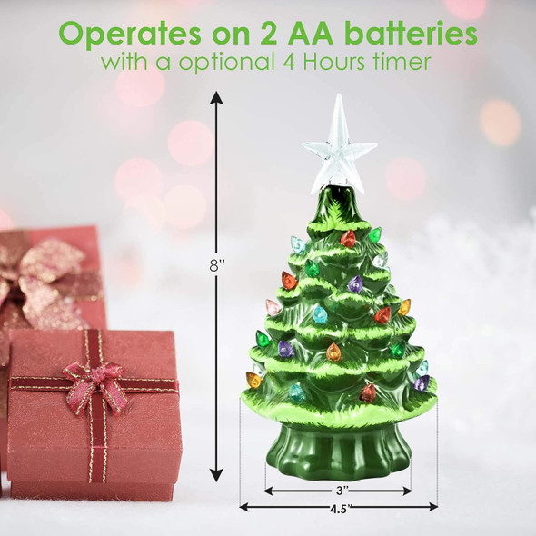 GIVERARE Ceramic Christmas Tree with 4H Timer, 8” Pre-Lit Hand-Painted Tabletop Xmas Decor with 32 Multicolored Lights & Top Star, Centerpiece for Holiday, Party, Ornaments-Green
