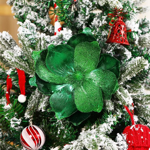 GL-Turelifes 10’’ Large Glitter Christmas Flowers 6 Pcs Artificial Magnolia Flower Ornaments Fold Floral for Christmas Tree Decorations Xmas Tree Year Party Wedding Centerpiece (Green)