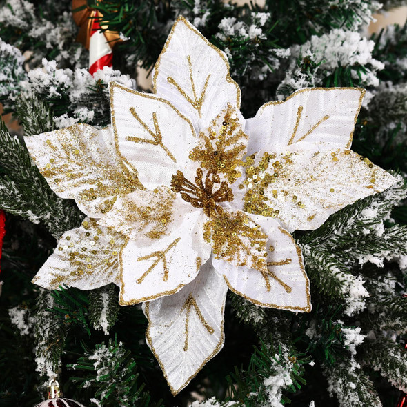 GL-Turelifes 10.7’’ Large Glitter Christmas Flowers 6 Pcs Artificial Poinsettia Flower Ornaments Fold Floral for Christmas Tree Decorations Xmas Tree Year Party Wedding Centerpiece (White)