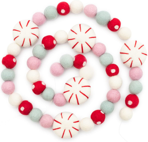 Glaciart One Peppermint Felt Ball Garland - Pompom Holiday Decoration Hand-Made from Natural Wool - Cute Hanging Decor for Christmas Tree, Mantel, Kids Bedroom, Living Room, Nursery - 9 Feet Long