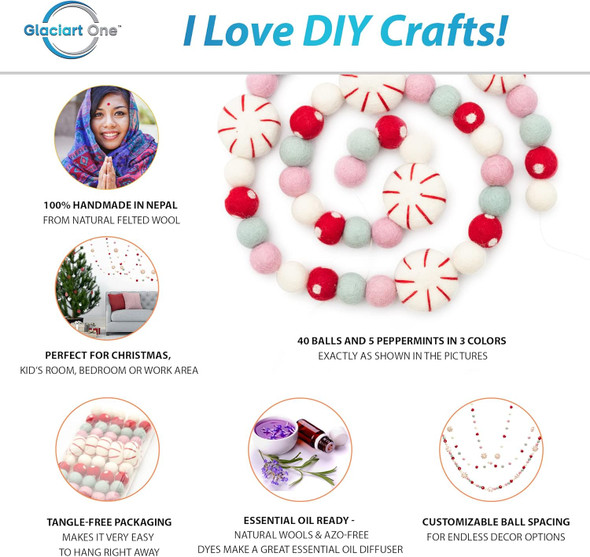 Glaciart One Peppermint Felt Ball Garland - Pompom Holiday Decoration Hand-Made from Natural Wool - Cute Hanging Decor for Christmas Tree, Mantel, Kids Bedroom, Living Room, Nursery - 9 Feet Long