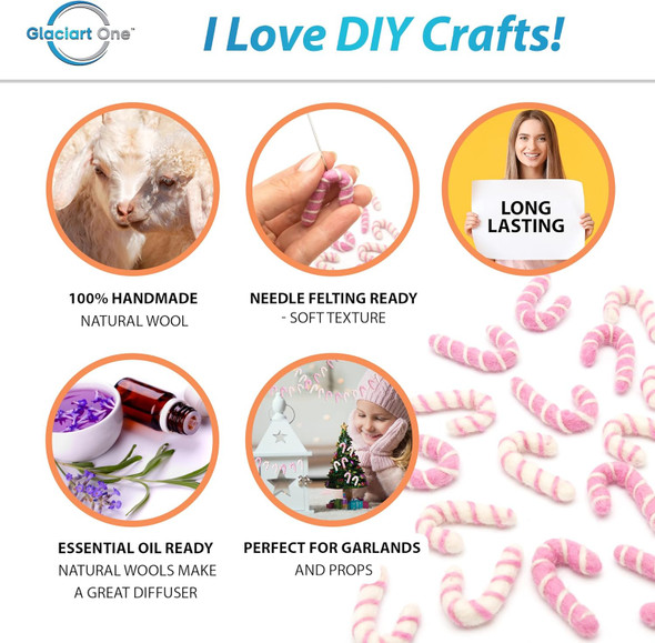 Glaciart One Mini Felt Candy Cane Decoration (Pink/White) - 1.18" (3cm) - Set of 20 - DIY Garland, Arts Crafts Supplies, Cute Home Decor for Christmas - Hand-Felted Natural Wool Material