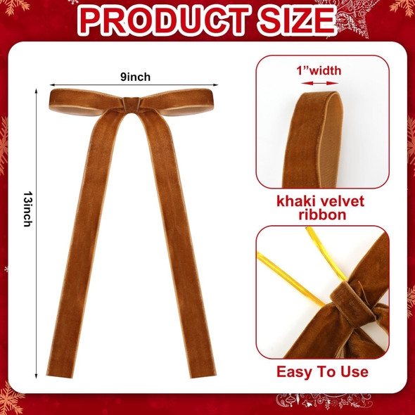 24 Pcs Velvet Christmas Bows for Christmas Tree Rustic Crafts Bows Vintage Velvet Ribbon Bows for Xmas Home Outdoor Indoor(Khaki,9 x 13 Inch, Width of 1")