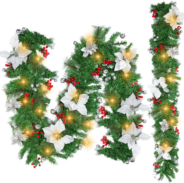 2 Pack 6ft Christmas Garland with LED Lights Pre Lit Outdoor Christmas Garland with Pine Cones Bow Gold Berry for Fireplace Mantel Holiday Indoor Christmas Decor, Total 12ft (Style 2)