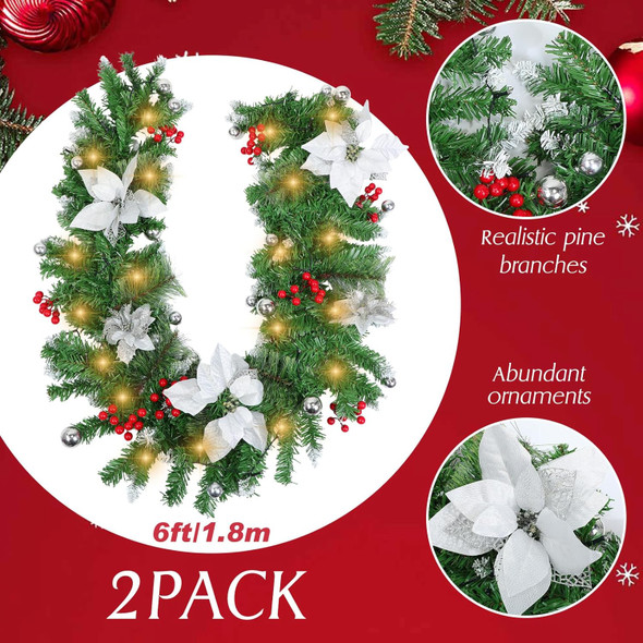 2 Pack 6ft Christmas Garland with LED Lights Pre Lit Outdoor Christmas Garland with Pine Cones Bow Gold Berry for Fireplace Mantel Holiday Indoor Christmas Decor, Total 12ft (Style 2)
