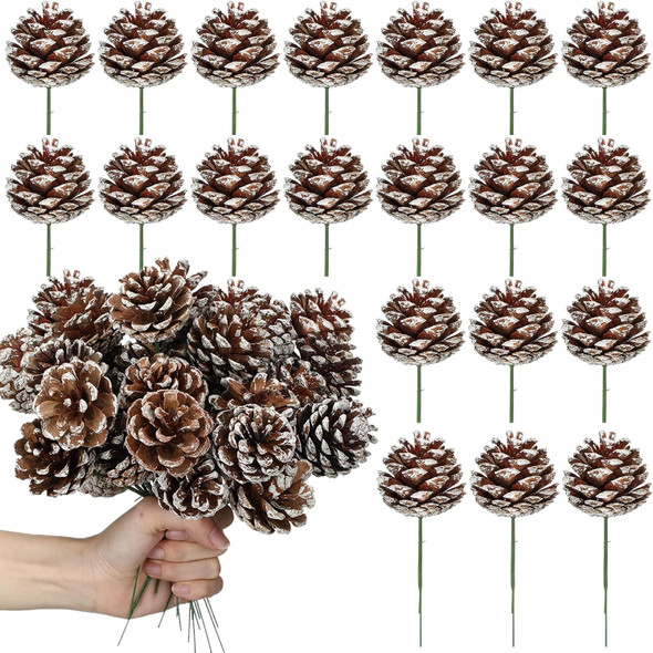 60 Pcs Pine Cones for Christmas Tree 1.38 x 5.1 Inch Christmas Pine Cones Picks Frosted Pinecones Ornaments with Wired Pick for Holiday Wreath Garland Party Decor