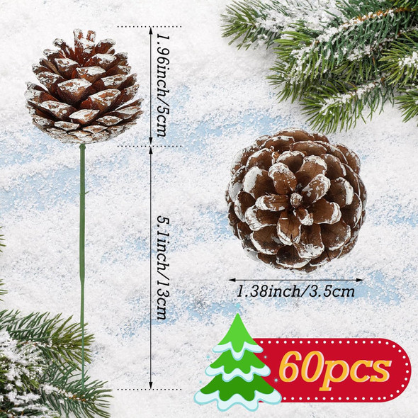 60 Pcs Pine Cones for Christmas Tree 1.38 x 5.1 Inch Christmas Pine Cones Picks Frosted Pinecones Ornaments with Wired Pick for Holiday Wreath Garland Party Decor