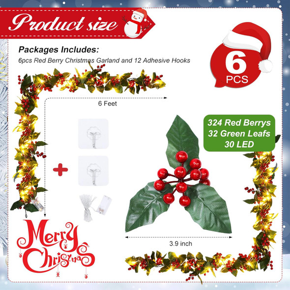 6 Pcs Christmas Garland with 30 LED Lights 36 ft Berry Artificial Garland Warm LED Christmas Decorations Xmas Green Table Decor for Indoor Outdoor Fireplace Stairs Mantel Door Holiday
