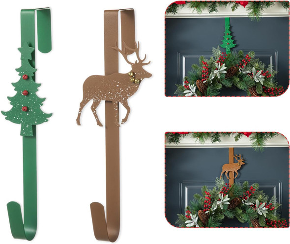 Glitzhome 2 Pack Wreath Door Hanger Over The Door Metal Wreath Hooks for Front Door, Christmas Wreath Holder with Tree & Reindeer