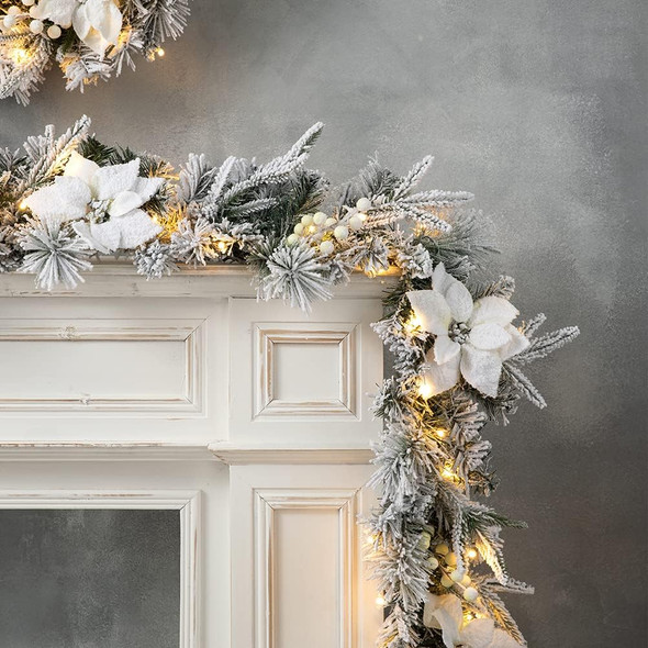 Glitzhome 9ft Pre-Lit Snow Flocked Greenery Pine Poinsettia Christmas Garland, with 50 Warm White Lights with Timer