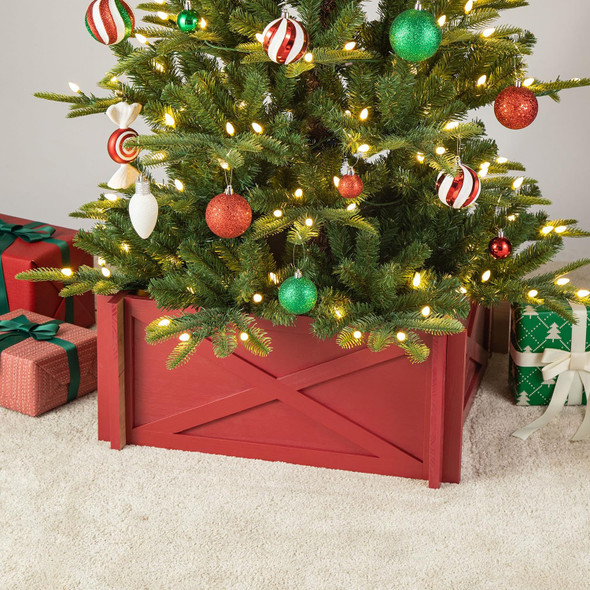 Glitzhome 24.5" L Farmhouse Handcrafted Wooden Tree Collar Tree Base Cover Decorative Christmas Tree Skirt Tree Box, Red
