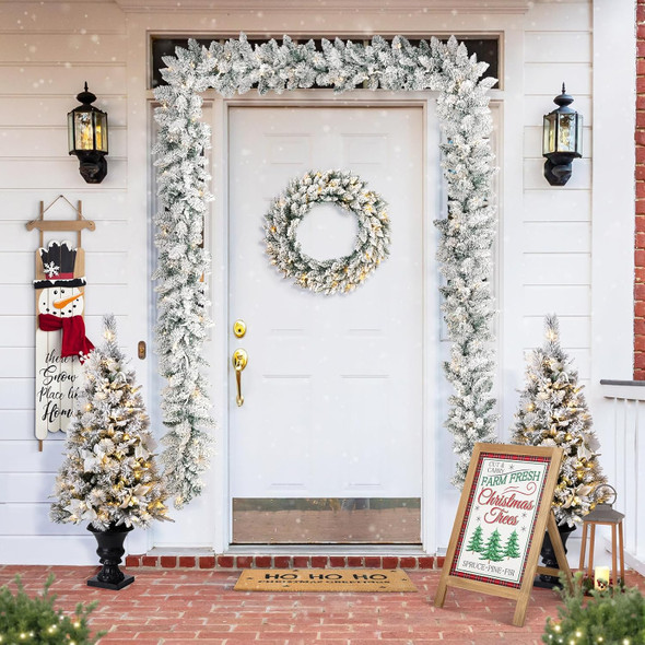 Glitzhome 2PCS Pre-Lit Snow Flocked Christmas Garlands with Warm White LED Lights and Timer for Home Fireplace Office Windows Front Door Wall Christmas Tree - 9 ft