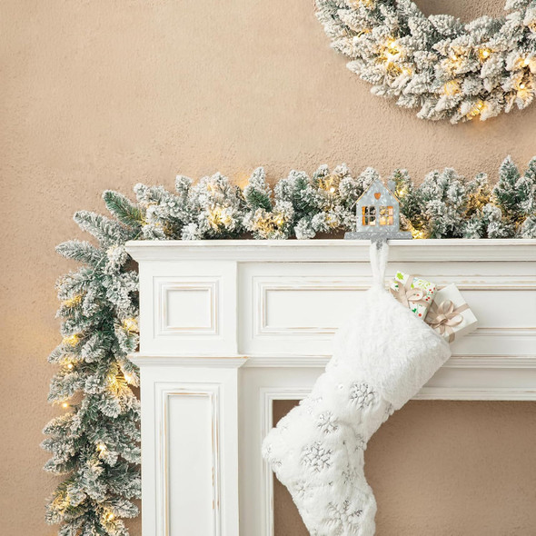 Glitzhome 2pk 6ft Pre-Lit Snow Flocked Christmas Garlands, with 35 Warm White LED Lights and Timer for Home Fireplace Windows Front Door Christmas Holiday Party Hanging Decorations
