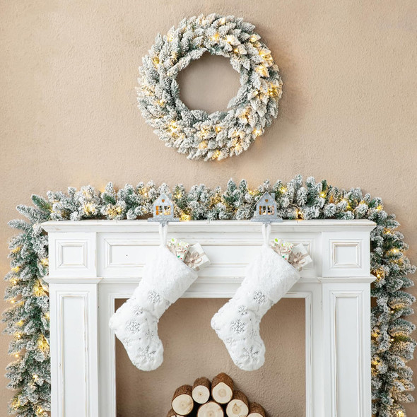 Glitzhome 2pk 6ft Pre-Lit Snow Flocked Christmas Garlands, with 35 Warm White LED Lights and Timer for Home Fireplace Windows Front Door Christmas Holiday Party Hanging Decorations