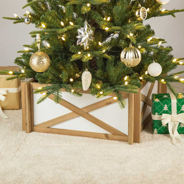 Glitzhome Farmhouse Wooden Tree Collar, 27.5" L Natural & White Christmas Tree Base Cover Xmas Tree Skirt Tree Box