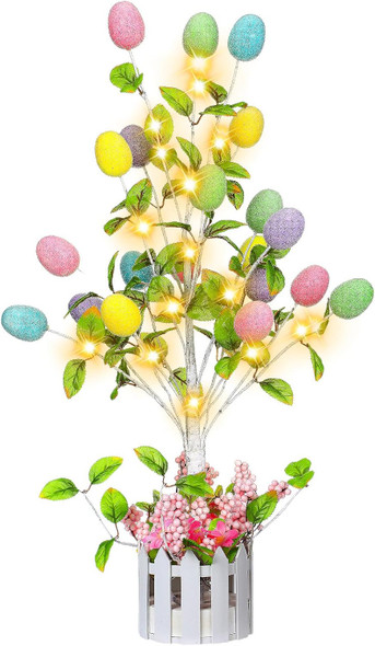 24" Pre Lighted Easter Egg Tree Tabletop Decoration with LED Light Indoor Glow Easter Egg Tree Table Decor for Home Party Wedding Holiday Spring Decoration Easter Party