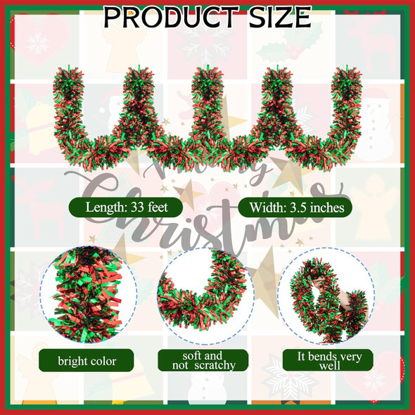 33FT Christmas Tinsel Garland Red Green Metallic Tinsel Twist Garland Hanging Foil Garland for Xmas Tree Decoration Wedding Party Supplies (Red Green)