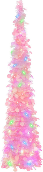 GlyinnHe 5Ft Pop Up Christmas Tinsel Tree with 50 Mulitcolore Lights Prelit Christmas Pencil with Pink Sequins Battery Operated Lighted Glitter Xmas Slim Tree for Indoor Home Party Decor（Pink）