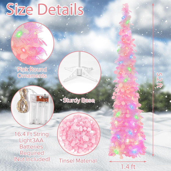 GlyinnHe 5Ft Pop Up Christmas Tinsel Tree with 50 Mulitcolore Lights Prelit Christmas Pencil with Pink Sequins Battery Operated Lighted Glitter Xmas Slim Tree for Indoor Home Party Decor（Pink）