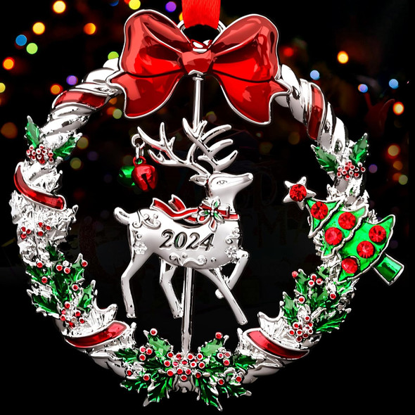 Christmas Ornament for Christmas Tree Hanging Decorations, Christmas Wreath Ornament with Rotatable Reindeer, Dated Metal Xmas Ornament for Holiday Decorative Keepsake