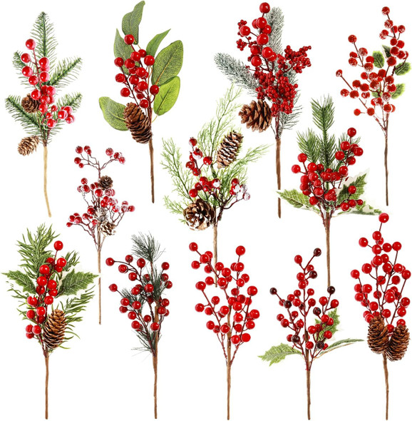 12 Pack Artificial Christmas Tree Picks, 12 Inch Assorted Red Berry Picks and Sprays for Christmas Tree Filler Floral Arrangement DIY Wreath Winter Holiday Season Décor