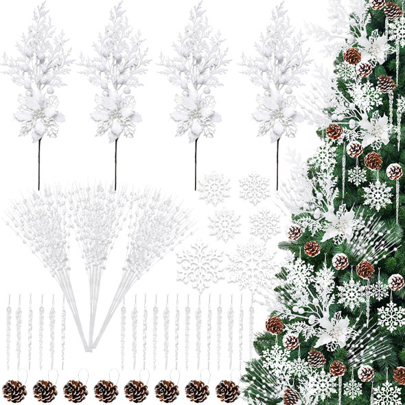 84 Piece Christmas Tree Ornaments Set, Christmas Glitter Berries Stems Poinsettia Flower Artificial Snowflake Icicle Drop - Christmas Decoration DIY Xmas Wreath Holiday Home Party Decor (White)