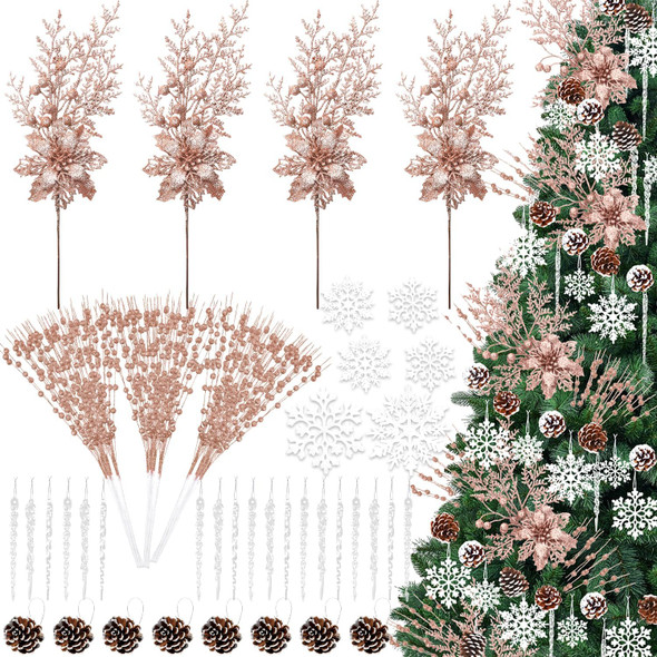 84 Piece Christmas Tree Ornaments Set, Christmas Glitter Berries Stems Poinsettia Flower Artificial Snowflake Icicle Drop - Christmas Decoration DIY Xmas Wreath Holiday Home Party Decor (Rose Golden)